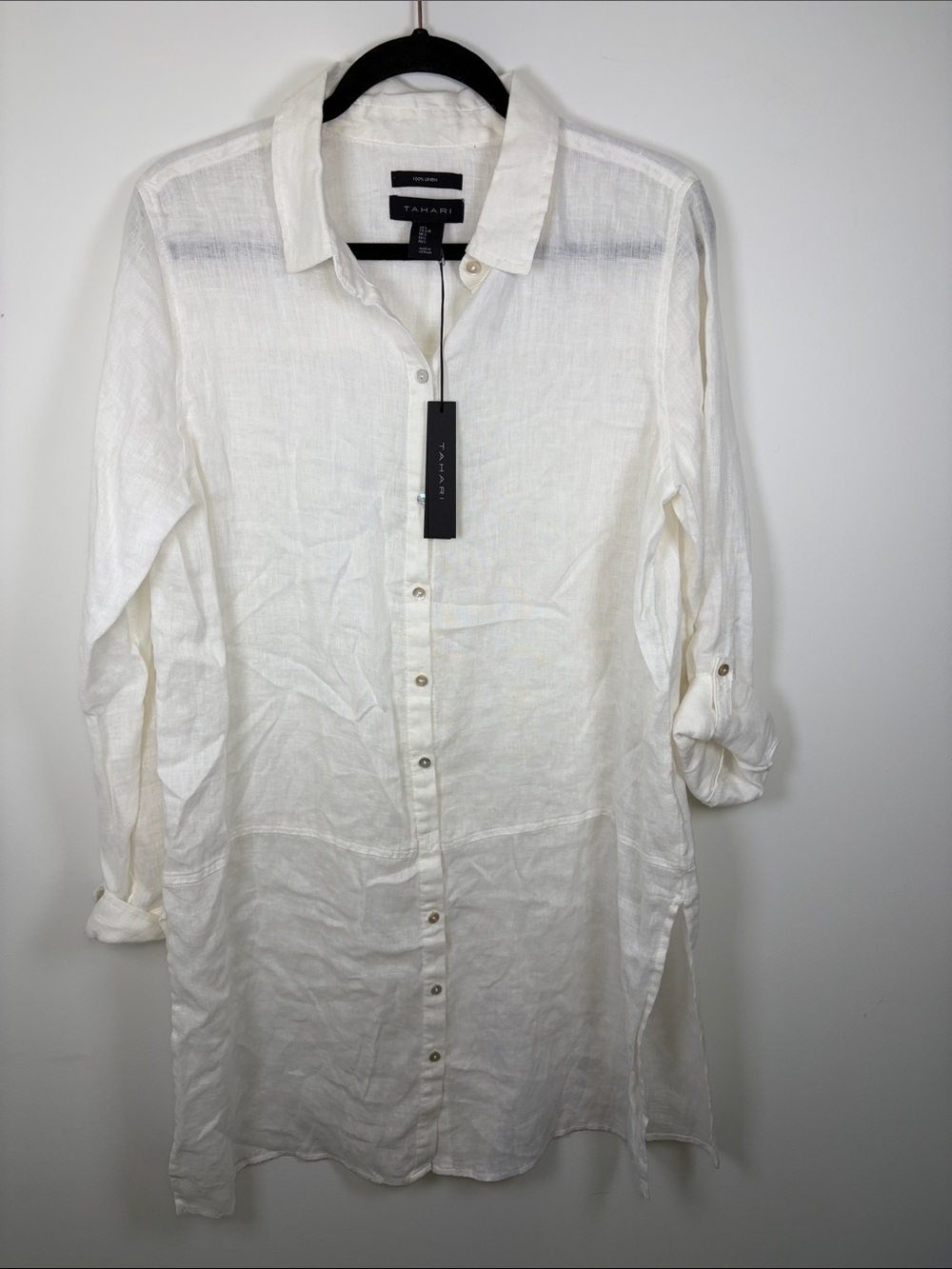 Tahari White Linen Luxe Button-Down Tunic or Coverup - NWT - L- *small flaw*
